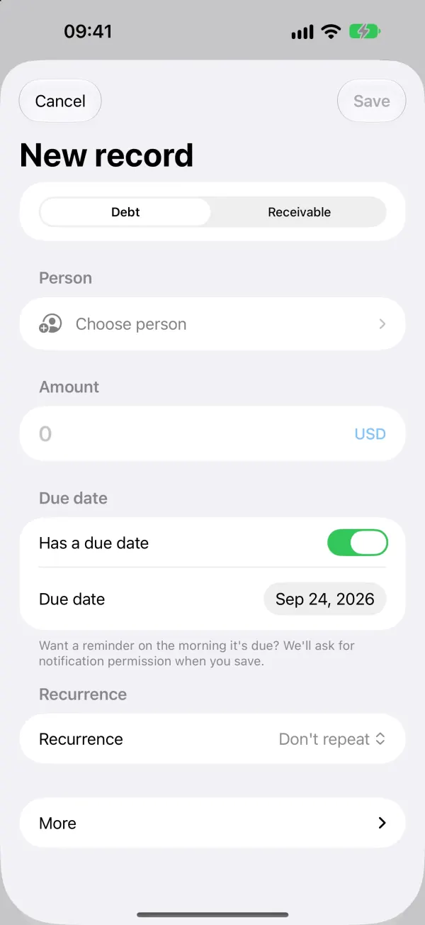 New record: person first, then amount and due date, with repeat on the same sheet.