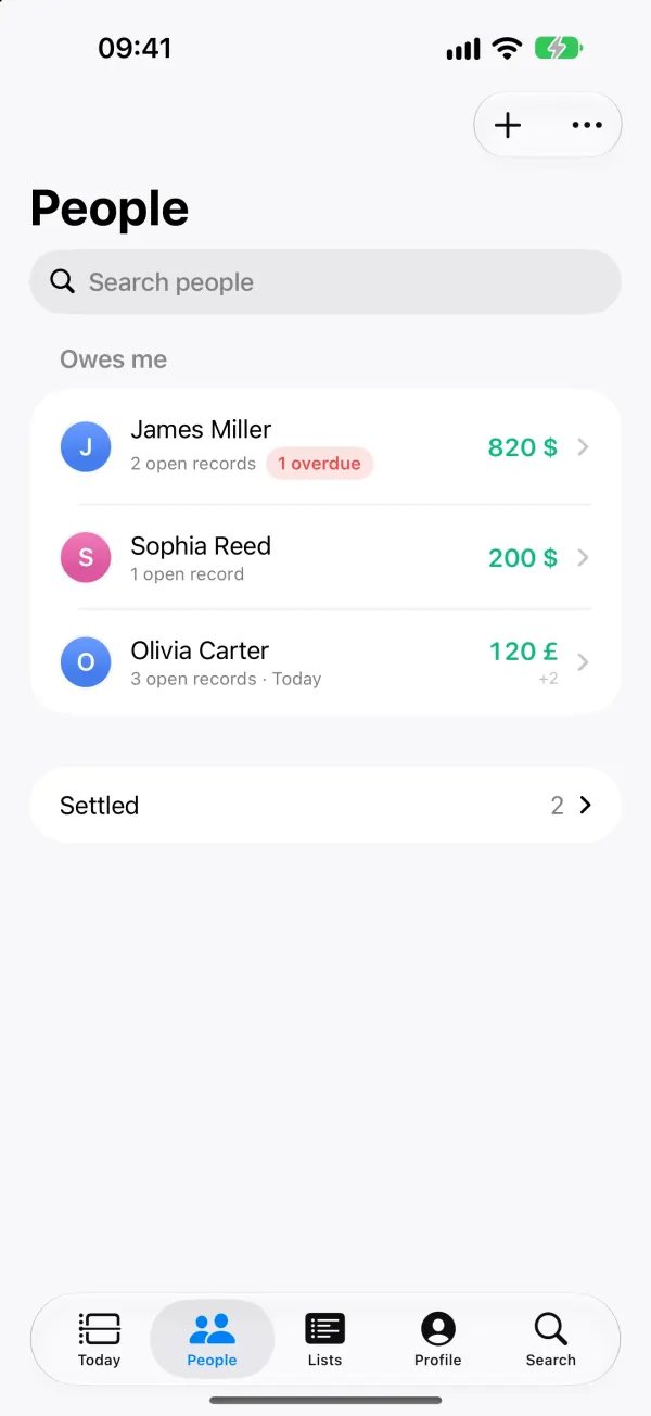 People: James Miller, Sophia Reed, Olivia Carter, plus two settled accounts.